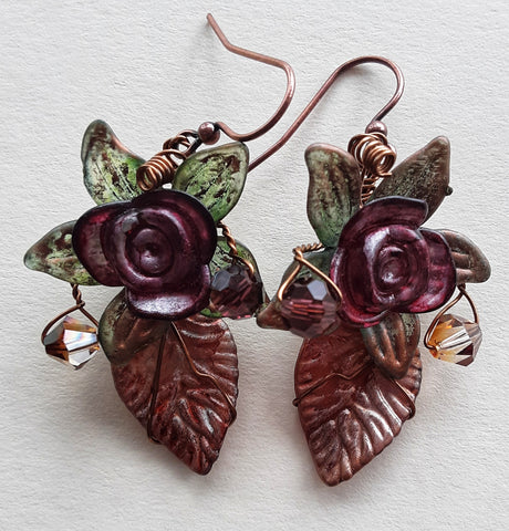 Delicate earrings with crystals and hand painted flowers, burgundy, green, copper, Free Ship
