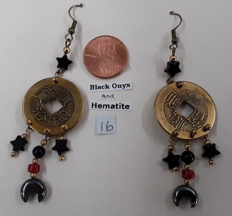 Fast, Free Shipping, Metal coin, Black Onyx & Hematite Bead Earrings, Nickel Free ear wires