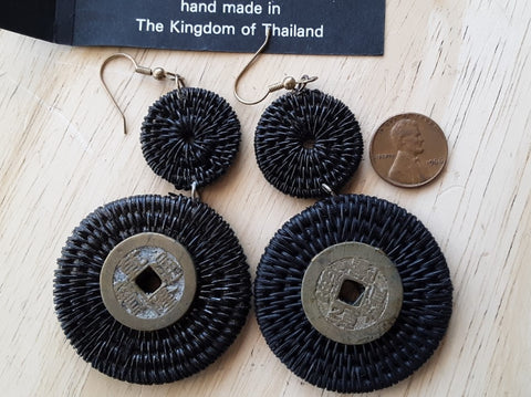 Earrings from Thailand, Fast Free Shipping from Branson, MO! Handwoven with coins attached