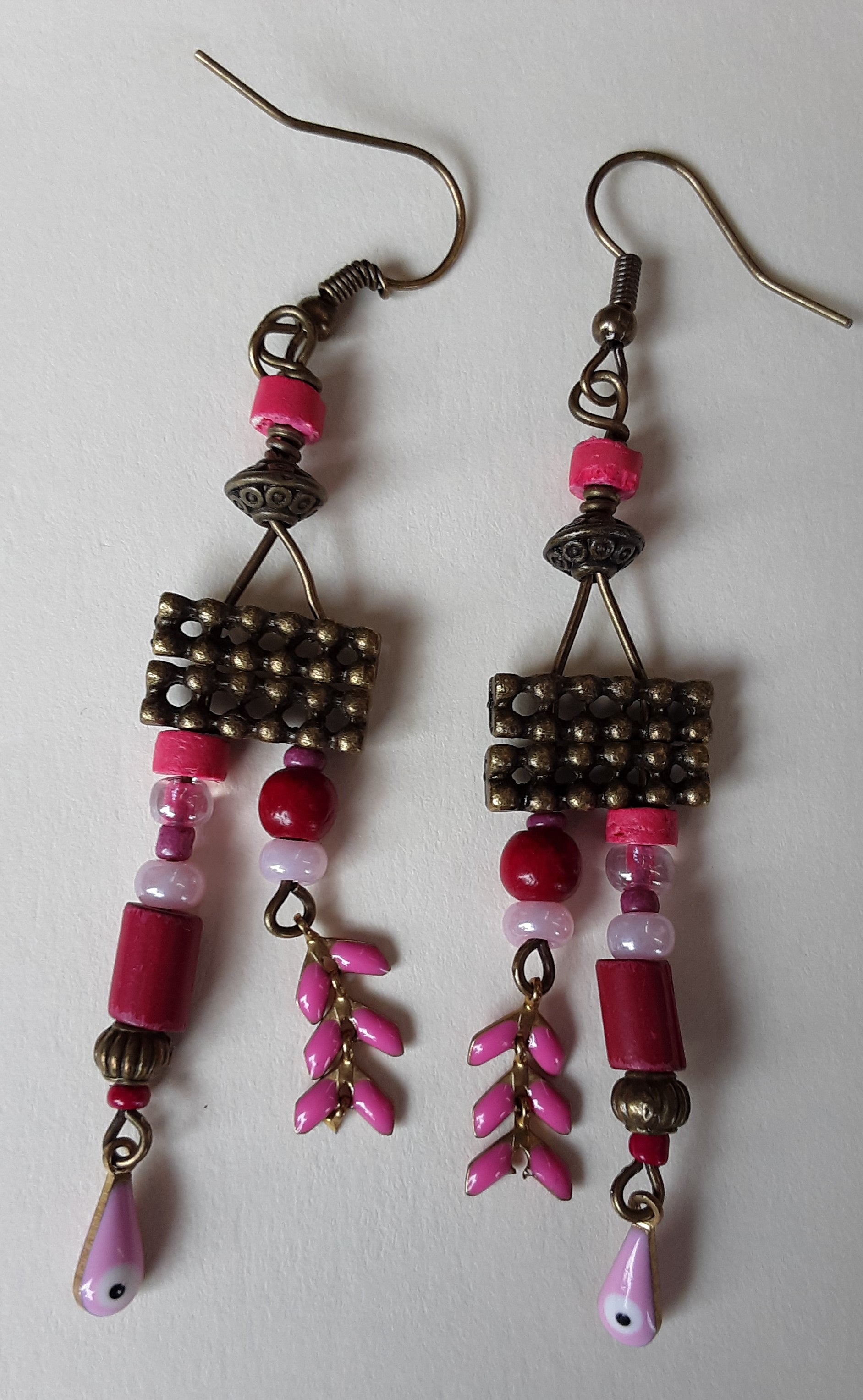 Free Ship, Pink Evil Eye Earrings, Brass Antique Color Beads and Earri –  PlumBazaar