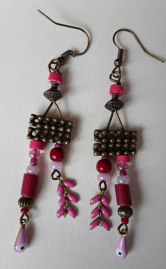 Free Ship, Pink Evil Eye Earrings, Brass Antique Color Beads  and Earring Wires