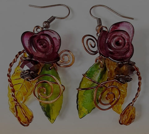 Delicate wire wrapped earrings with faceted crystals and hand painted flowers