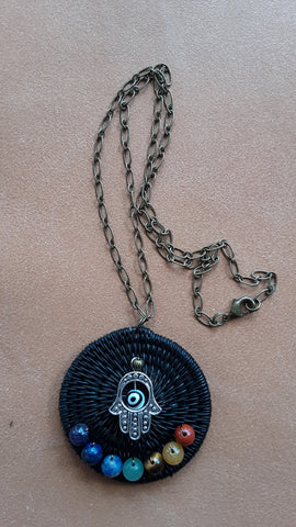 Chakra Bead Necklace, 18" Antique Brass chain, Hamsa hand