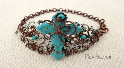 Rustic filigree bracelet with turquoise blue stone cross