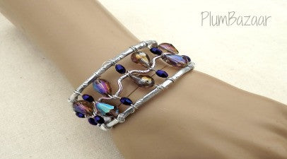 Wire wrapped cuff bracelet, silver, lilac and purple, adjustable