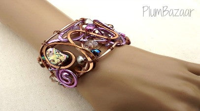 Wire wrapped and beaded cuff bracelet, lilac and soft brown, adjustable
