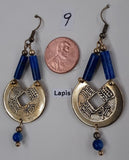 Fast, Free shipping, Metal coin and Lapis bead Earrings, Nickel free ear wires