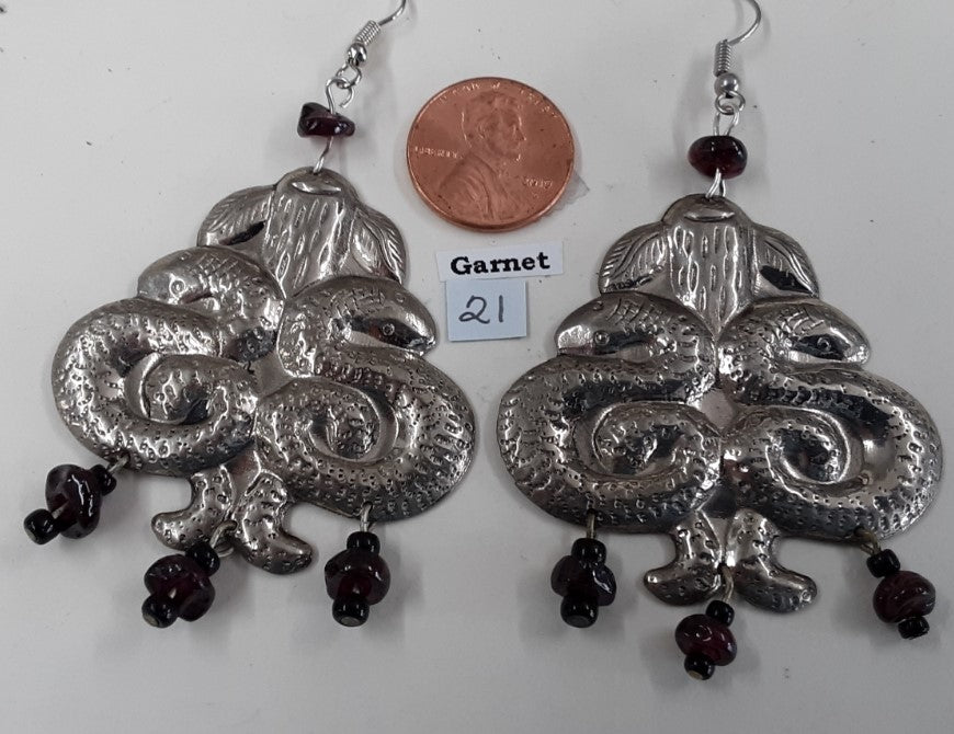 Metal Snake/Serpent Earrings with garnet beads, Free Shipping!