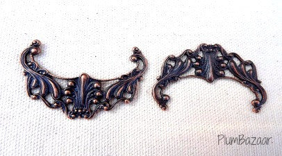 Vintage inspired antique copper plated filigree, pendant or necklace connector, set of 2