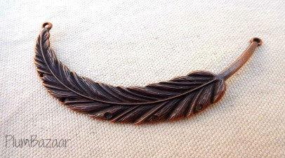 Vintage inspired antique copper plated feather, pendant or necklace connector with pre-drilled holes