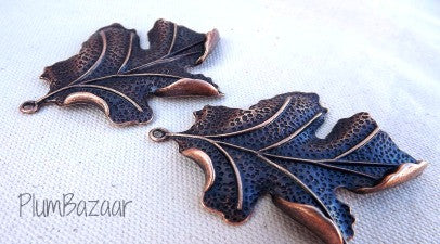 Large leaf pendants for jewelry making, set of 2, antique copper plated metal