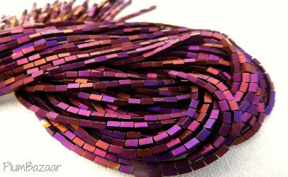 Purple metallic hematite rectangle beads, two 10" strands