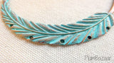 Hand painted vintage inspired antique copper plated feather, pendant or necklace connector, turquoise blue